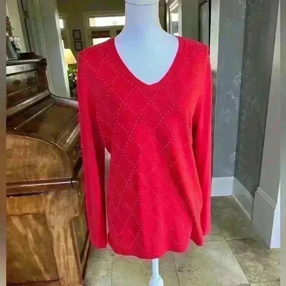 Tommy Hilfiger Red v neck sweater Large lightweight long sleeve decorative gold - Picture 5 of 10